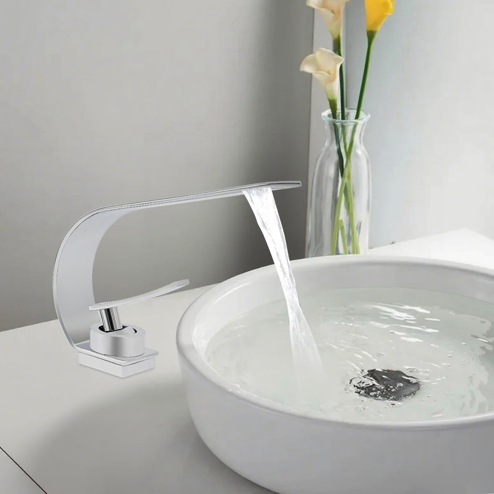 Grifo de baño con cascada, moderno grifo de acero inoxidable, grifo de lavabo con monomando, grifos para agua fría y caliente (plata)