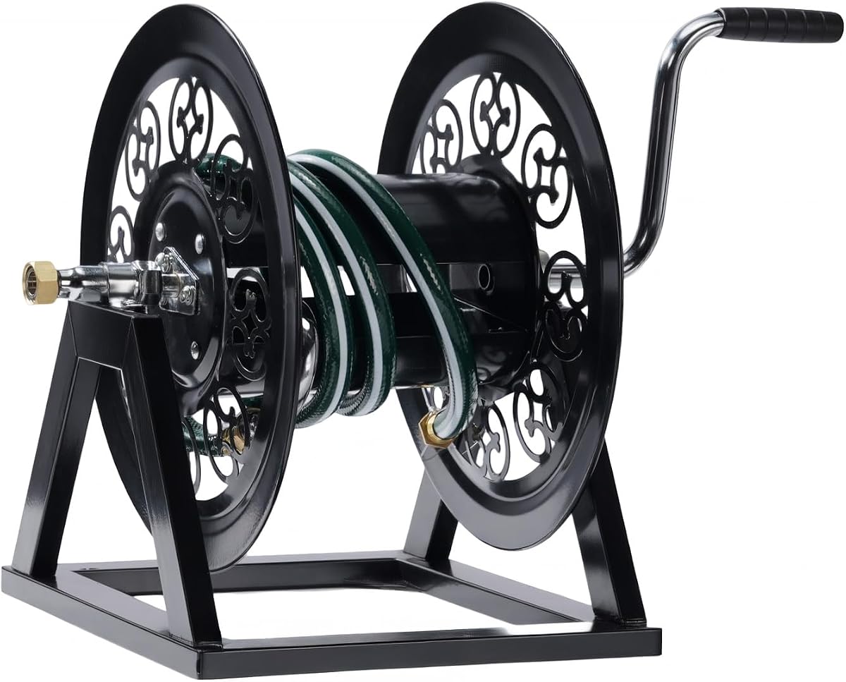 Decorative Hose Reel, Wall Mount Water Hose Reel for Garden Outside with Heavy Duty Portable Rolling Design Metal, 108FT Capacity for 3/4" Hose for Outdoor Use (Black)