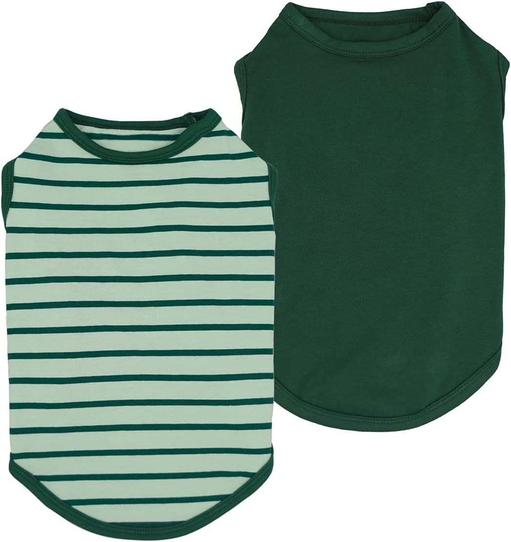 Fitwarm 2-Pack 100% Cotton Striped Dog Shirt for Pet Clothes Puppy T-Shirts Cat Tee Breathable Strechy Dark Green Small