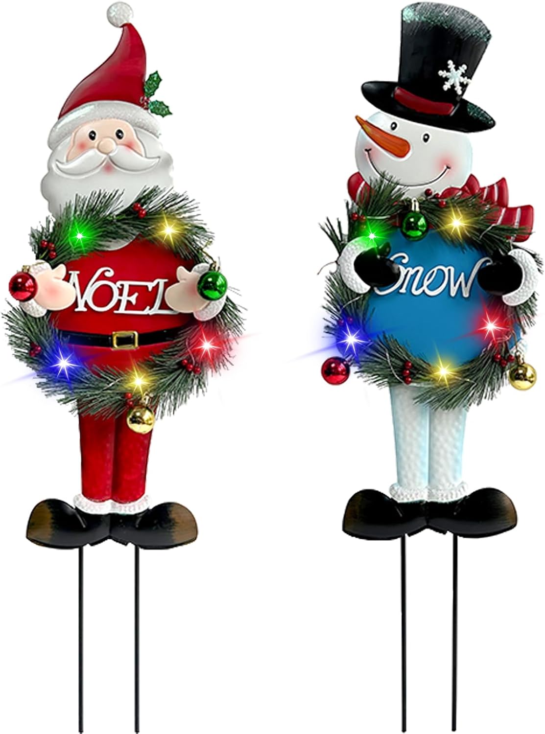 Solar Christmas Yard Decorations Outdoor - 2 Pack Metal Xmas Yard Signs 30” Snowman Santa Claus Lighted Garden Stakes with Colorful Lights for Garden Pathway Holiday Winter Lawn - Image 8