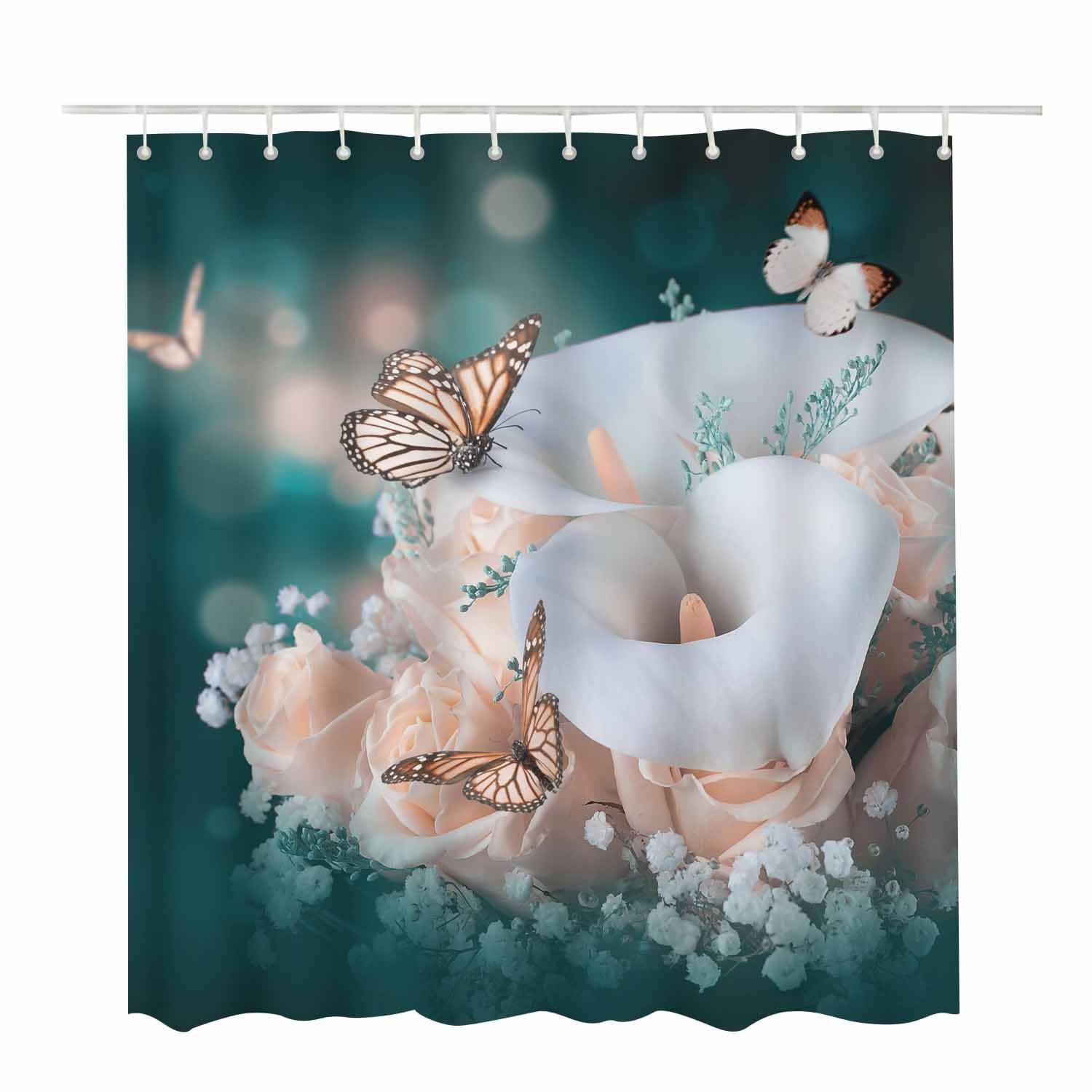 Woutay Shower Curtain Mould Proof Resistant Roses and White Calla Lilies Butterfly,Water Repellant Fabric,Polyester,with 12 Plastic Hooks - Image 2