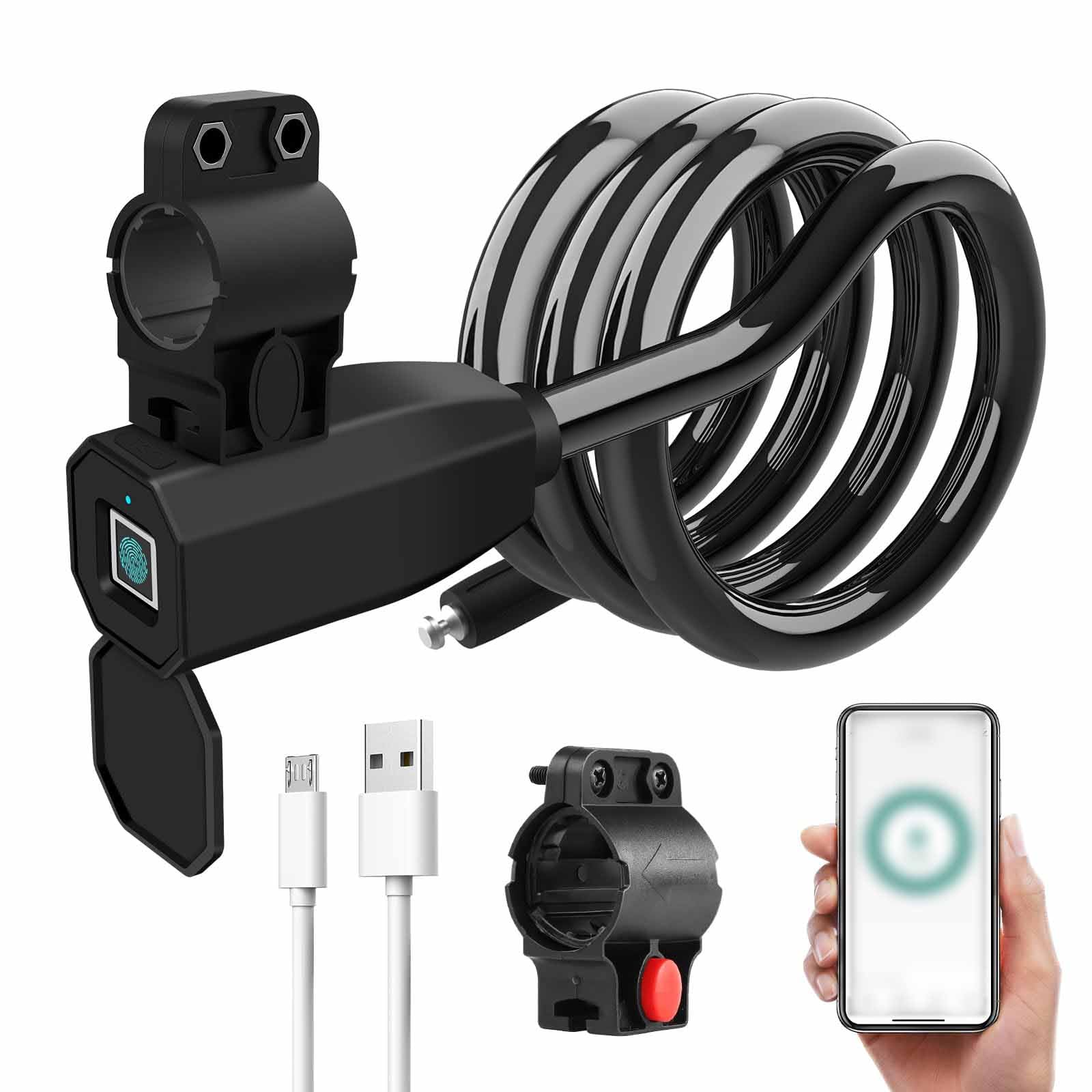 Lucchetto per Bicicletta con Impronta Digitale Intelligente - Supporta 10 Set di Impronte Digitali / 3 Metodi di Sblocco/Ricarica USB - Lucchetto Antifurto in Acciaio da 1,2 Metri,Black