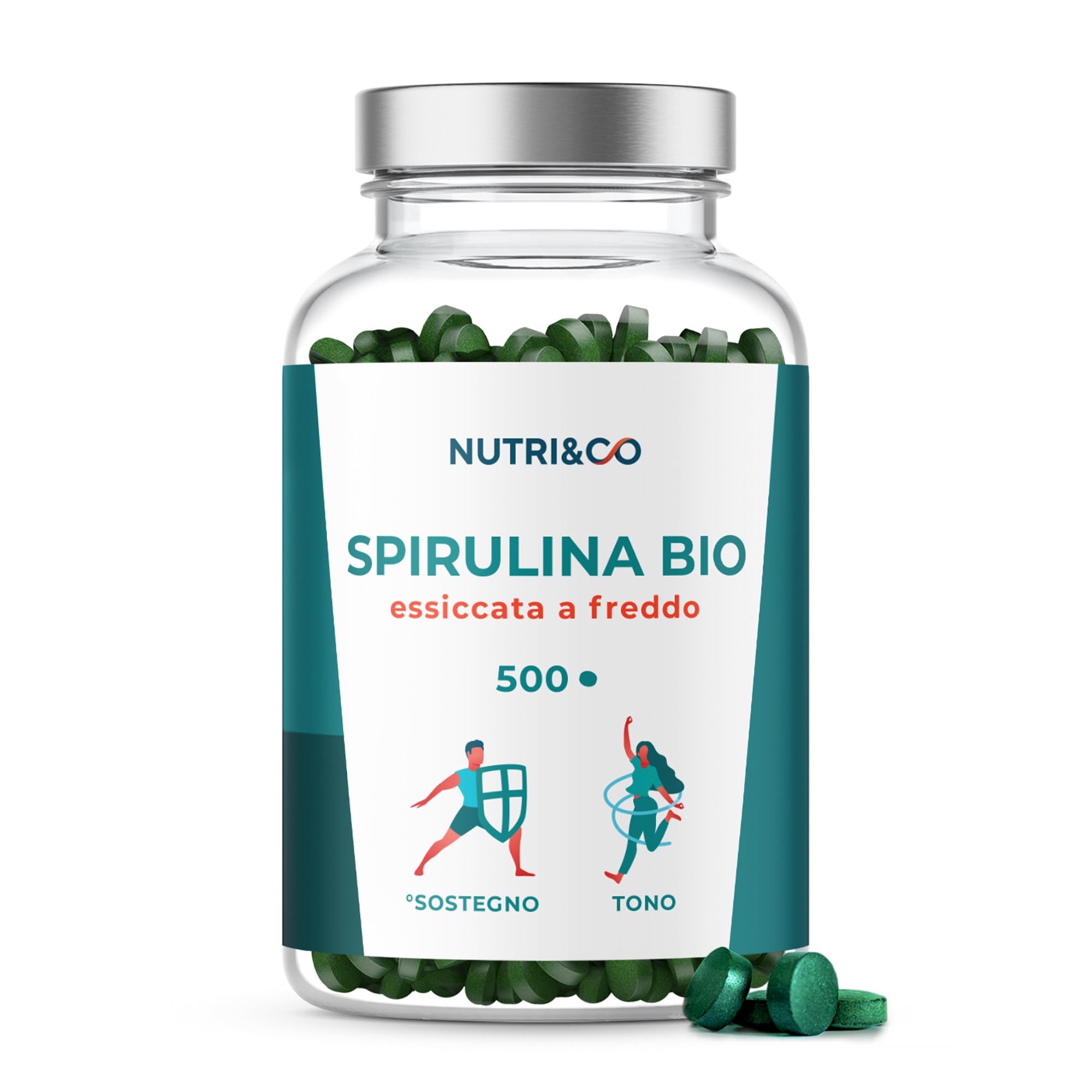 NUTRI & CO Spirulina Biologica - 500 Compresse Bio da 500 mg Pure Senza Eccipienti - 15% di Ficocianina - Polvere Essiccata e Compressa a Freddo - Analizzata e Confezionata in Francia