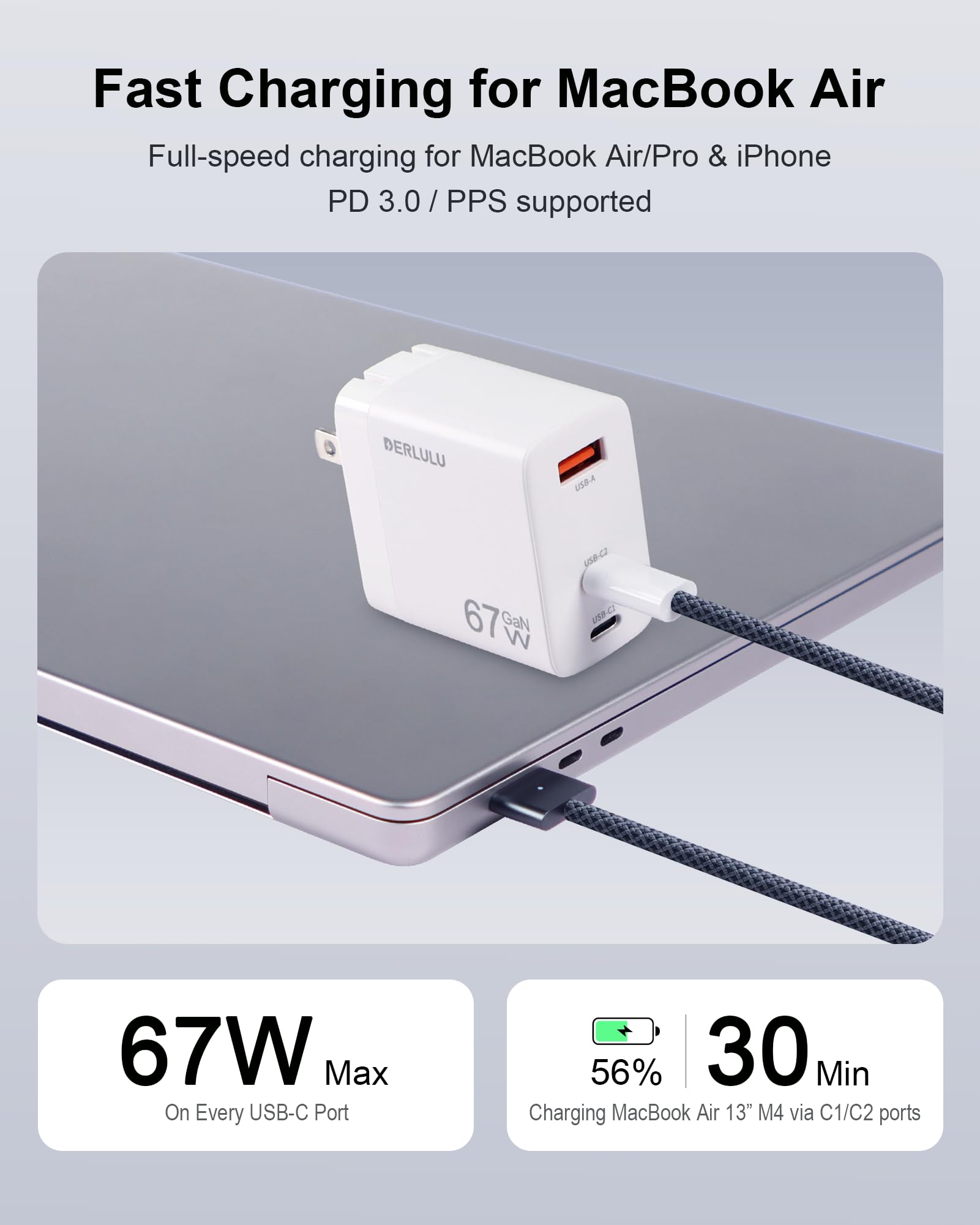 DERLULU GaN - Caricatore USB-C da 67 W per MacBook Air 13/15", adattatore di ricarica rapida con cavo magnetico da 1,5 m, compatto 2C1A per MacBook, iPad, iPhone