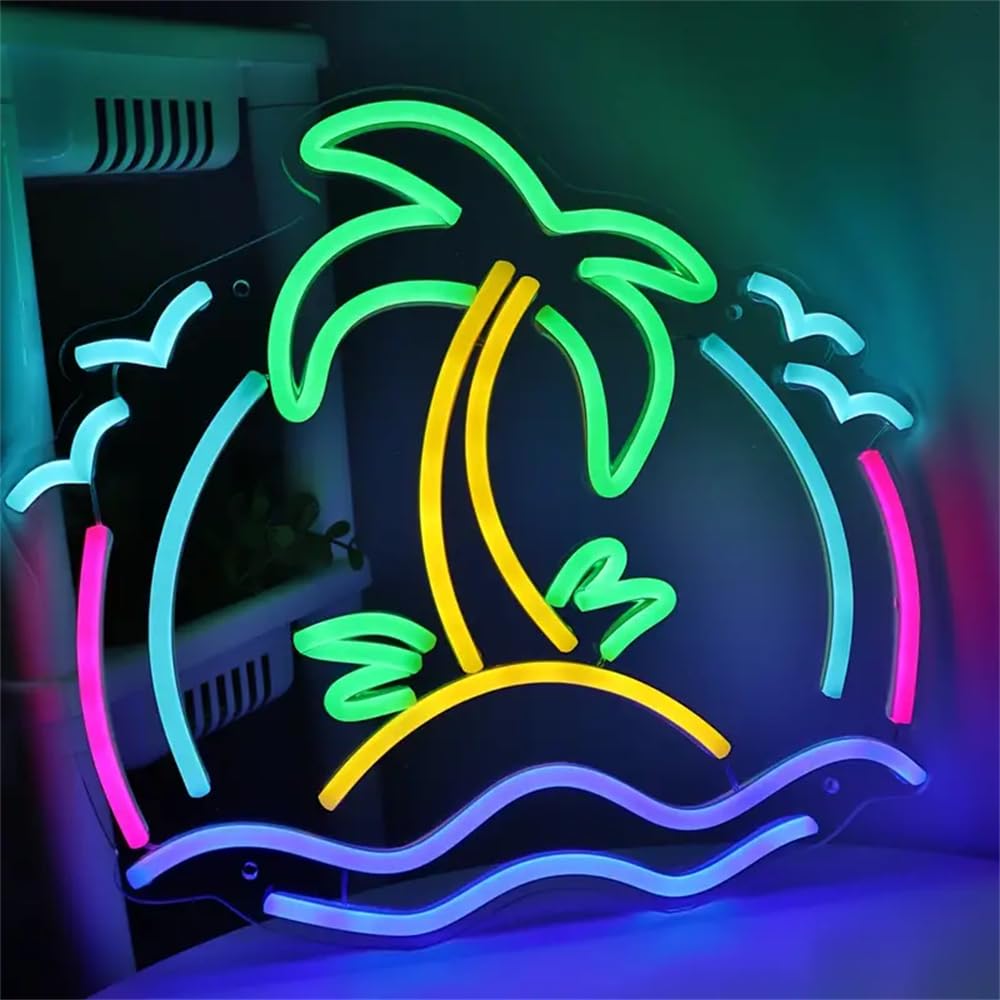 Panneau néon LED alimenté par USB en forme de cocotier et scène de plage pour fêtes, bière, bar, café, plage, paysage naturel, décoration pour boissons froides, lait, thé