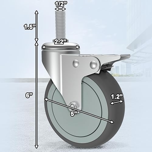 Miniatura 2 de AAGUT Juego de 4 ruedas giratorias de bloqueo de 5 pulgadas, ruedas de vástago roscado de 12"-13 x 1.5" con freno de goma TPR gris