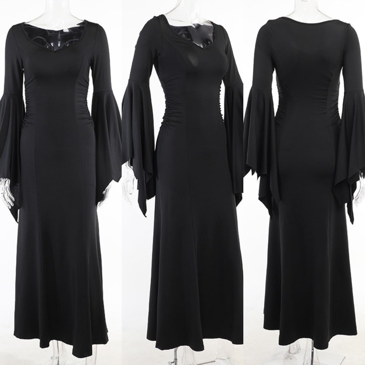 AMPOSSTO Women's Gothic Long Flared Sleeve Dress Vintage Punk Mermaid Maxi Dress for Halloween Cosplay Costume - Image 6