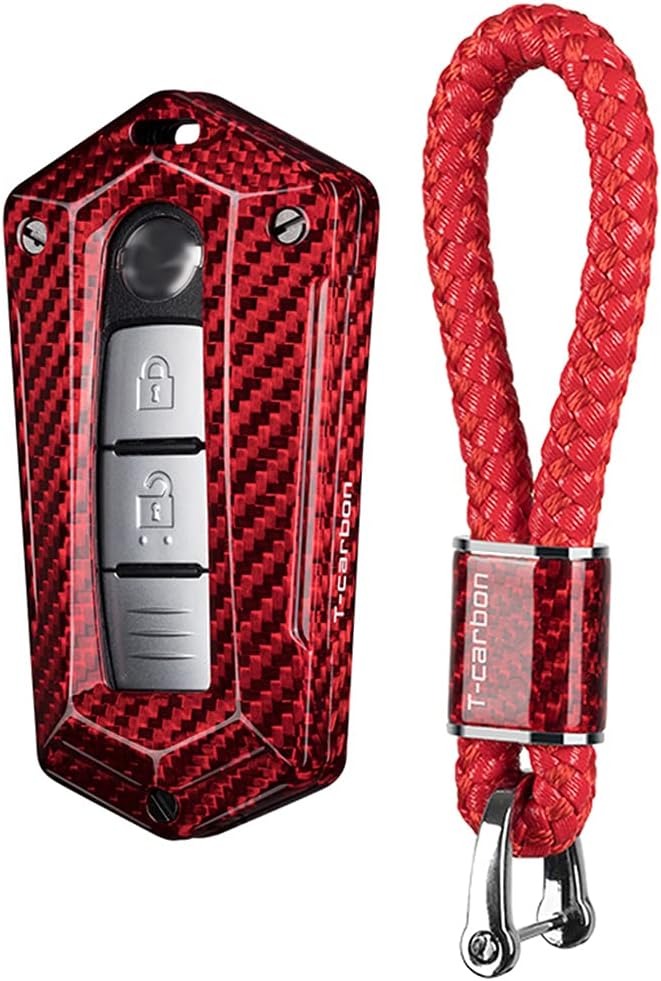 Car Key Fob Cover Case For Nissan 370Z Altima Armada Frontier GT-R Leaf Maxima Murano Pathfinder Rogue Sentra Titan Versa Carbon Fiber Heavy Duty Key Shell - Red + Braided Keychain