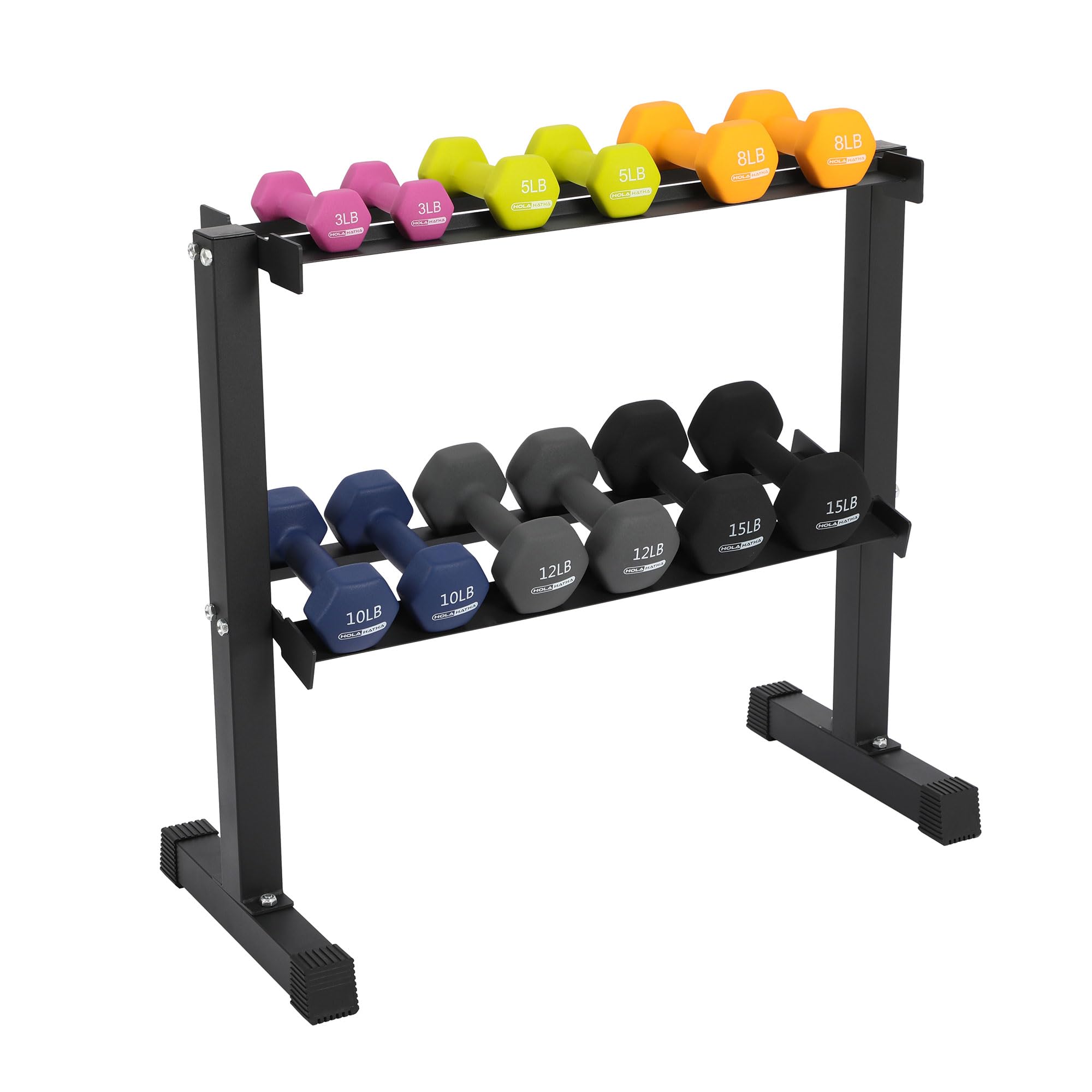 HolaHatha 3, 5, 8, 10, 12, and 15 Pound Neoprene Coated Grip Hexagon Non Slip Dumbbell Weights with Rack for Strength Training Workouts, Multicolor