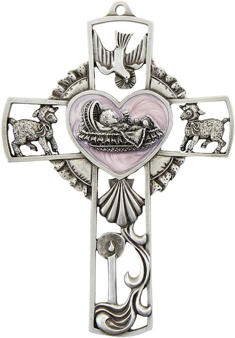 Trinity Church Supply Baby Girl Wall Cross Pink epoxy background Decorative Hanging Wall Crosses Christmas Gift, 5 Inch Height