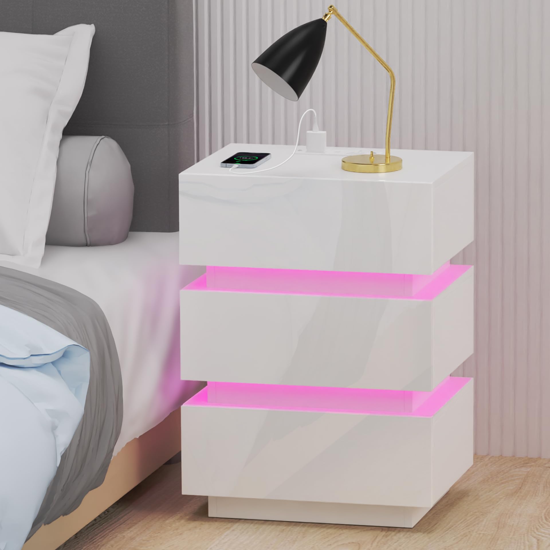 Yusong Comodino Con Luci LED RGB E Stazione Di Ricarica USB - 2 Cassetti Con Serratura Invisibile, Ripiano Estraibile, Bianco, Per Camera Da Letto E Soggiorno