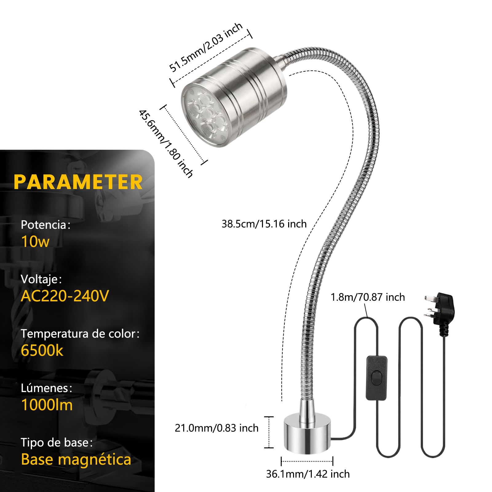 Lámpara de Trabajo Magnética, 10W 6500K Lámpara LED para Máquinas con Cuello de Ganso Flexible y Potente Base Magnética para Banco de Trabajo, Costura, Torno, Parrilla, Taller