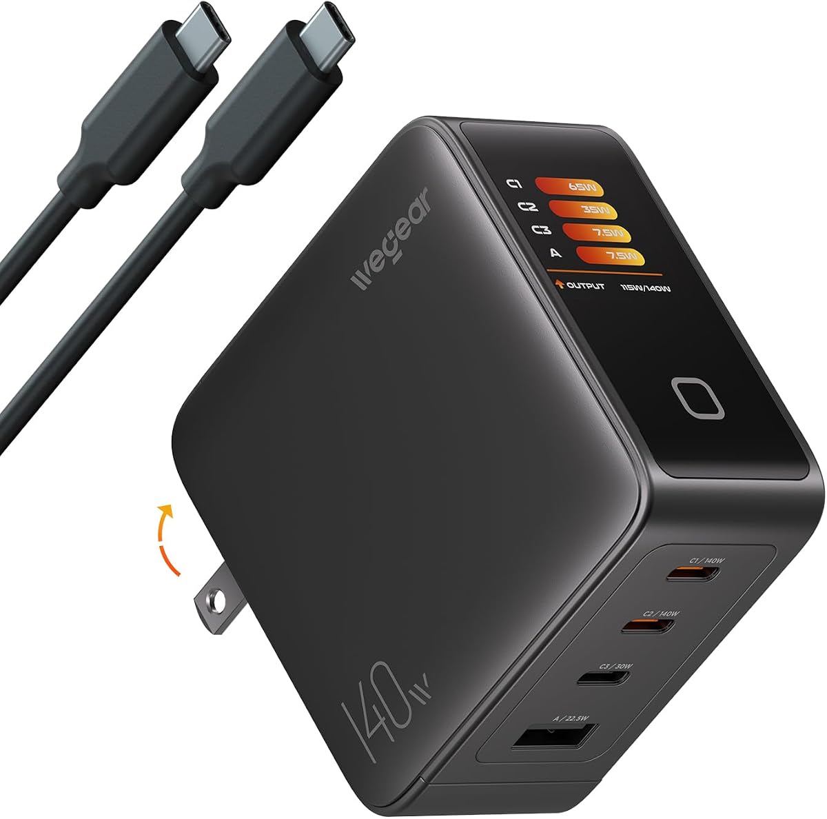 140W GaN USB C Charger Block, 4-Port PD3.1 Fast Wall Charger with Smart Display & Touch Control, Foldable Power Adapter with 240W USB-C Cable for MacBook Pro, iPhone 17/16, iPad, Galaxy S25/S24