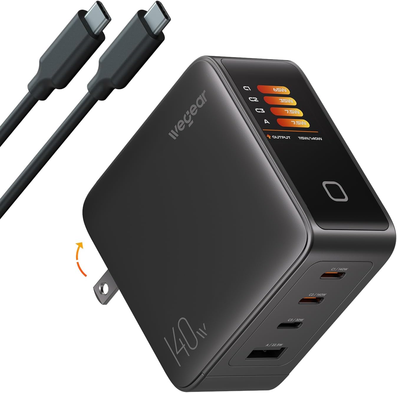140W GaN USB C Charger Block, 4-Port PD3.1 Fast Wall Charger with Smart Display & Touch Control, Foldable Power Adapter with 240W USB-C Cable for MacBook Pro, iPhone 18/17, iPad, Galaxy S25/S24