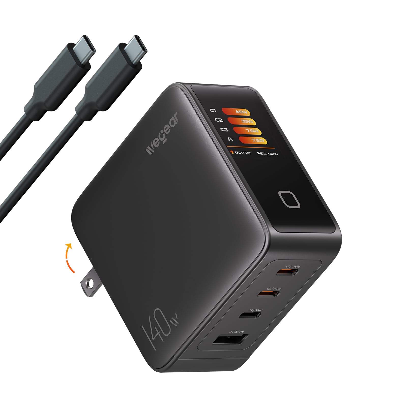 wegear 140W GaN USB C Charger Block, 4-Port PD3.1 Fast Wall Charger with Smart Display & Touch Control, Foldable Power Adapter with 240W USB-C Cable for MacBook Pro, iPhone 17/16, iPad, Galaxy S25/S24