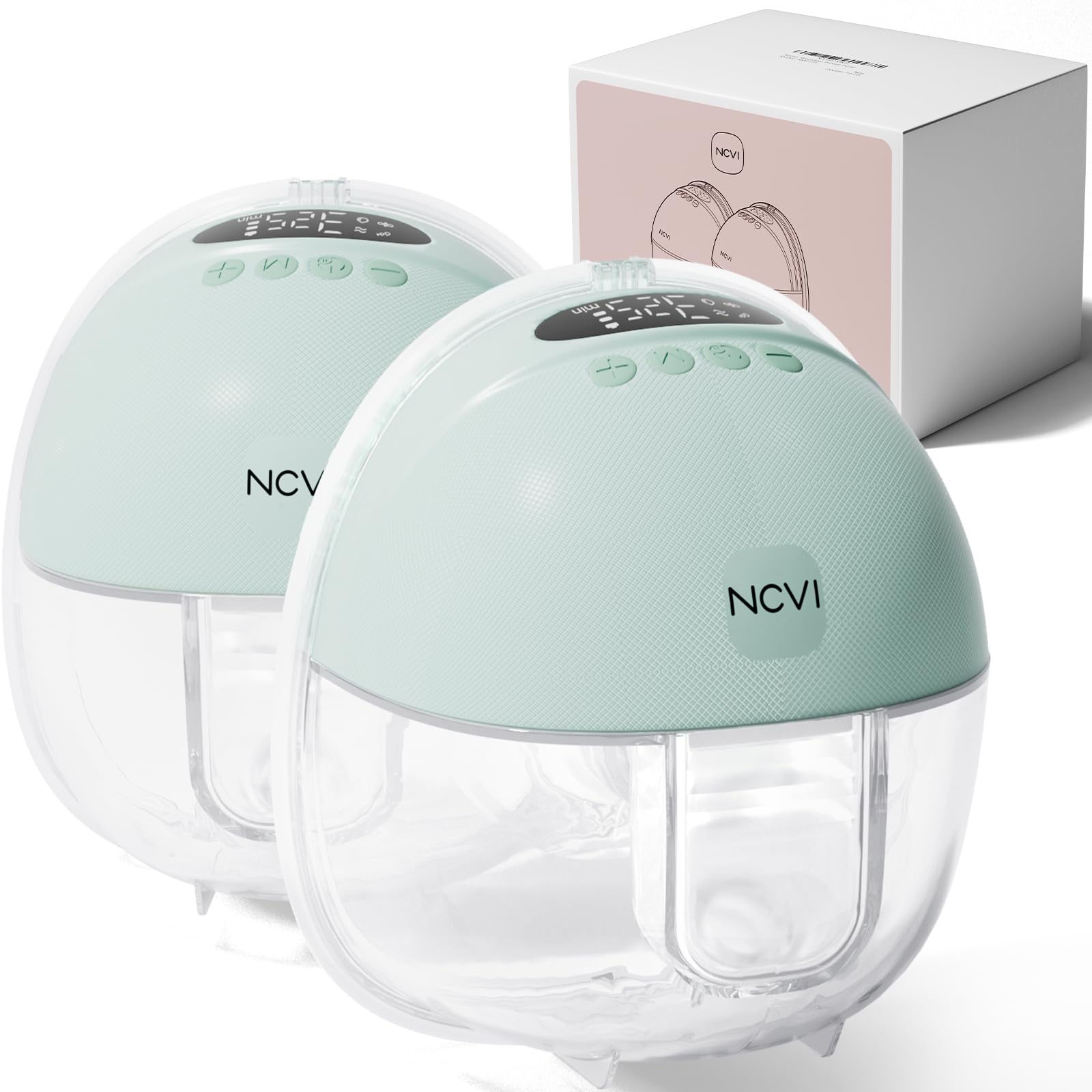 Photo 1 of NCVI Hands-Free Breast Pump, Wearable Breastfeeding Pump with 300mmHg Strong Suction, 1400mAh Long Battery, Ultra-Quiet Portable Electric Pump with 4 Modes & 9 Levels, 19/21/24mm, 2-Pack, Green