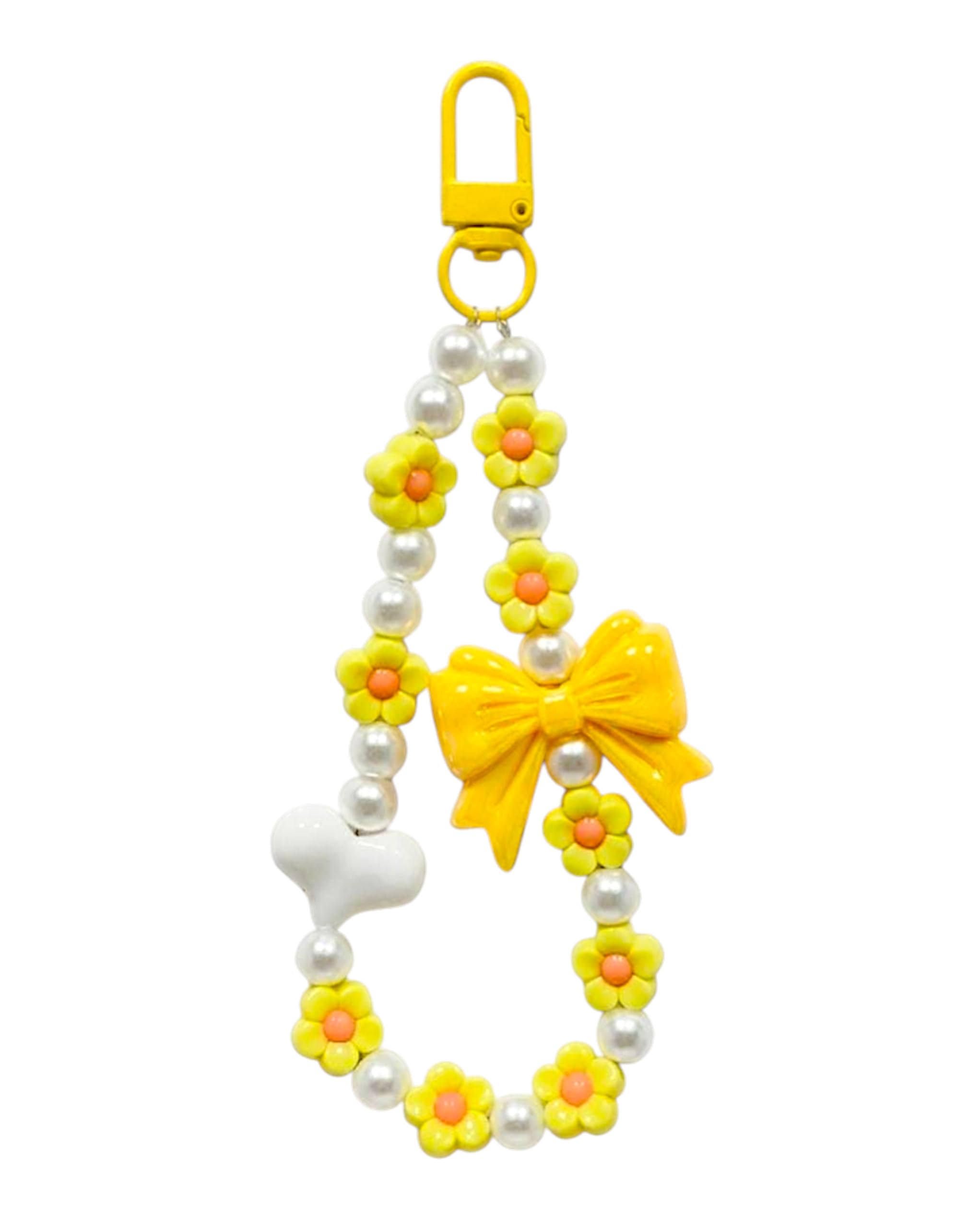 Yellow Floral Beaded Wrist Strap Anti-Lost Phone charm Lanyard for Women & Girls – Cute Heart & Bow Keychain Accessory-image-26