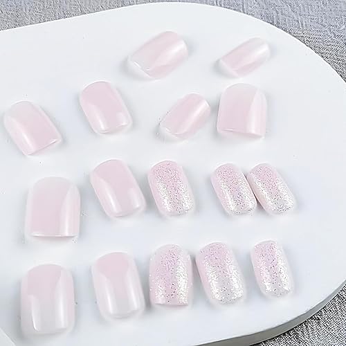 Miniatura 9 de Uñas postizas cortas francesas, uñas cuadradas a presión, cobertura completa, puntas de uñas postizas blancas, diseño exquisito, color rosa,