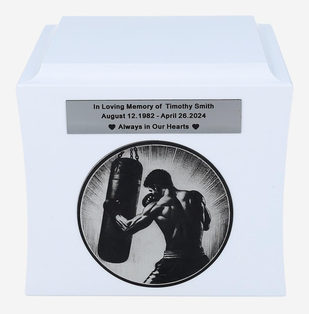 Boxing Cremation Urn for Ashes Adult, Personalized Memorial Urn for Boxer or Fighter, Sports Funeral Keepsake Box for Human Ashes (White/Design1/Plaque)