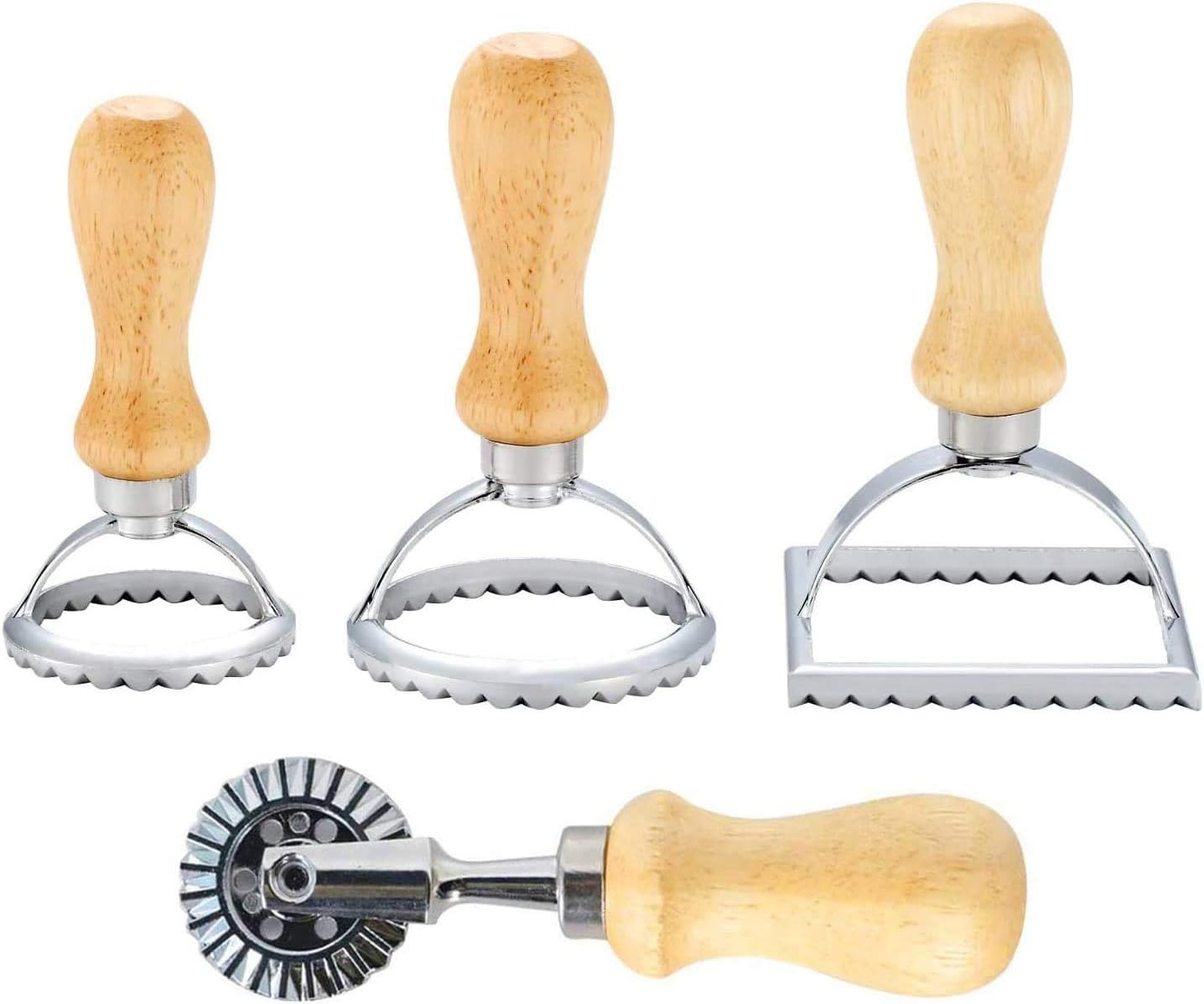 Saibit 4PCS Stainless Ravioli Cutter Sets Traditional Ravioli Stamps with Wooden Handle, Comfortable and Easy, Ravioli Maker Ideal for Home-Made Pasta
