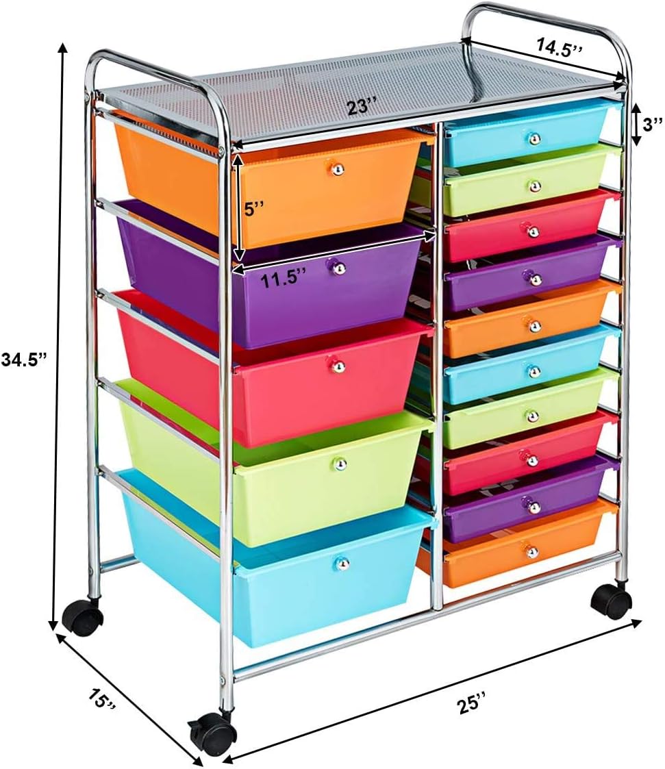 FANTASK 15 Drawers Rolling Storage Cart, Multipurpose Mobile Rolling Drawers Craft Organization w/Drawers & Wheels, Utility Storage Organizer Carts for Scrapbook Paper Supply Kids School Office Home