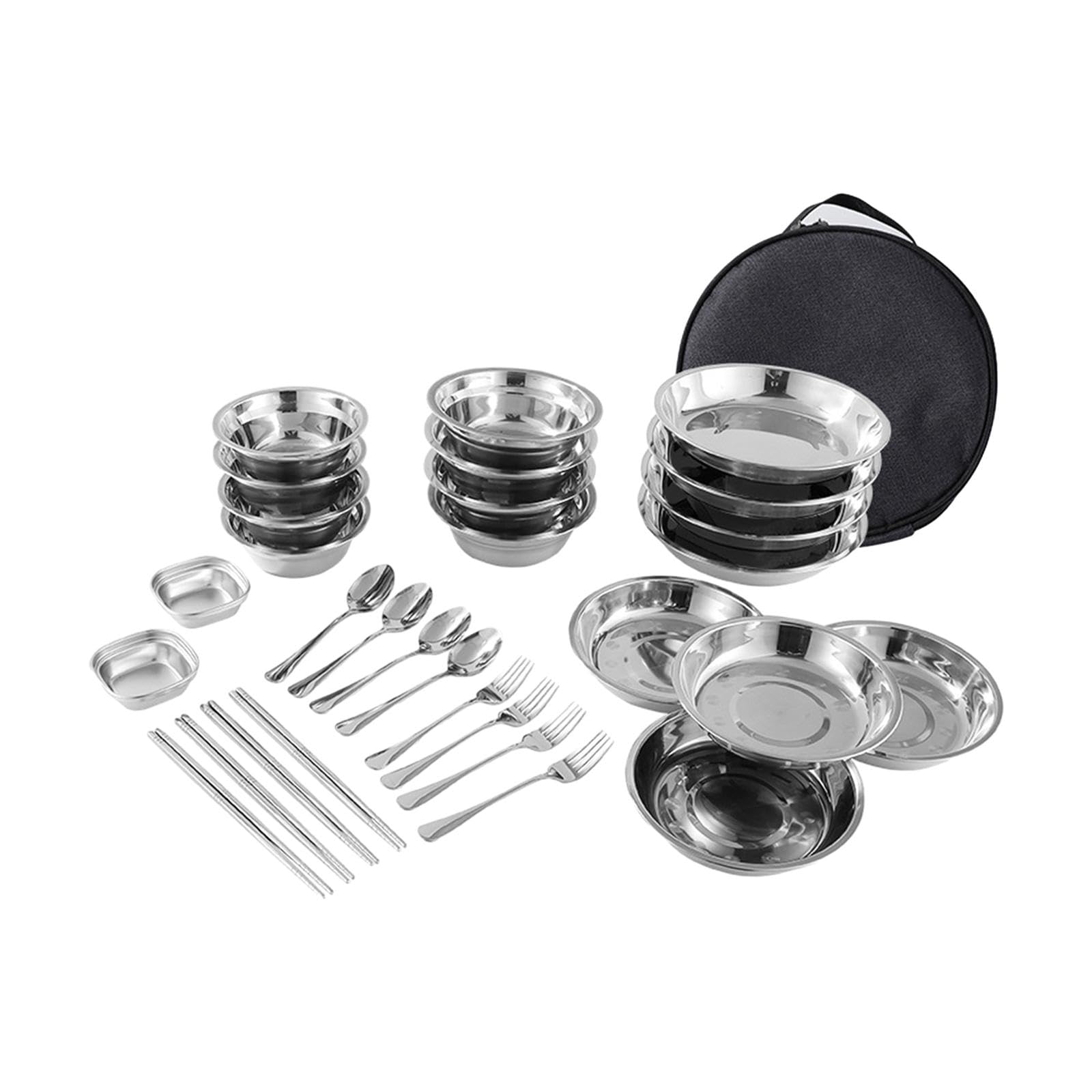Outdoor Camping Utensilien Set mit Edelstahl Tellern Schüsseln Und Besteck Inklusive Tasche Zum Einfachen Transport für Backpacking Reisen, 30 Stück