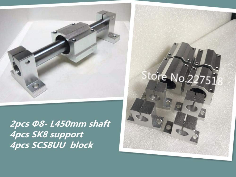 Ochoos 2pcs 8mm -L450mm Linear Round Shaft +4pcs SK8 Shaft Support+4pcs SCS8UU Block