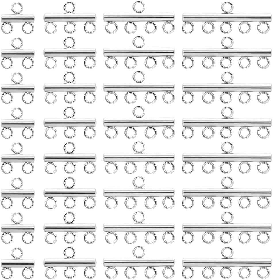 PH PandaHall 32pcs Slide Clasp Lock 4 Style Necklace Layering Clasps Silver Layered Spacer Clasp 304 Stainless Steel Tube Lock Connectors for Layered Bracelet Necklace Jewelry, 3/4/5/6 Loops