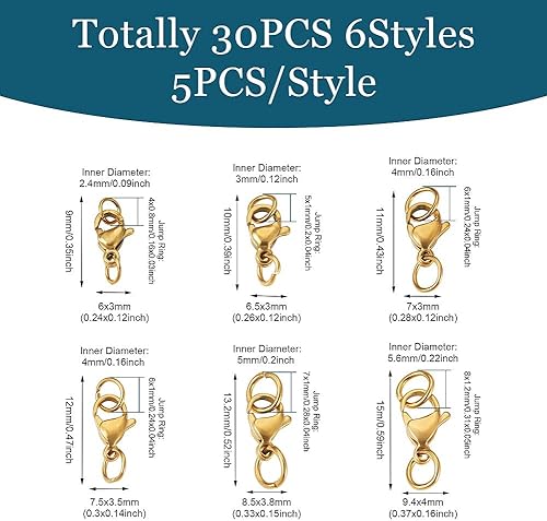 Vista 126 de Pandahall - 100 cierres de pinza de langosta de acero inoxidable, joyería de oro real de 24 quilates, cierre de langosta de 2 colores, cierre