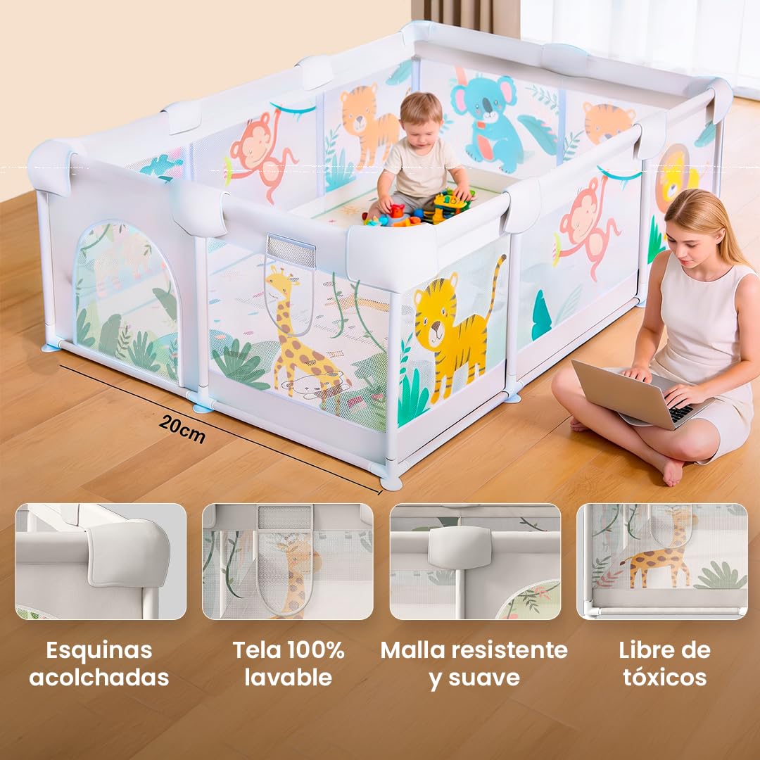 Parc pour bébé de la Selva 150 x 180 cm – Parc bébé avec maille respirante – Parc pliable antidérapant tapis rembourré + 4 poignées + sac de transport