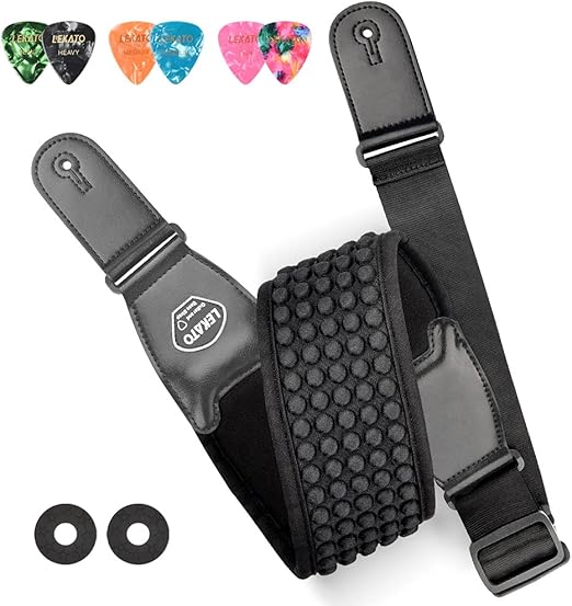 LEKATO Guitar Straps for Electric Guitar Bass, 3.5" Wide Padded Guitar Strap Neoprene Pad with 3D Sponge Filling Bass Guitar Straps Adjustable Length from 45" to 55" with Strap Locks, Picks