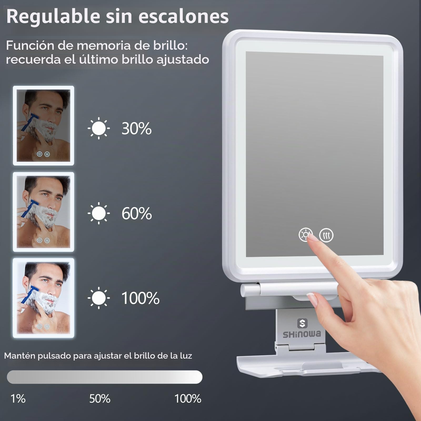 Espejo de Ducha Antivaho Calefactable，Espejo de Afeitar con Luz para Baño | 3 Colores de Luces Regulables, Espejo de Afeitado Recargable sin Niebla con Soporte para Maquinilla para Hombres