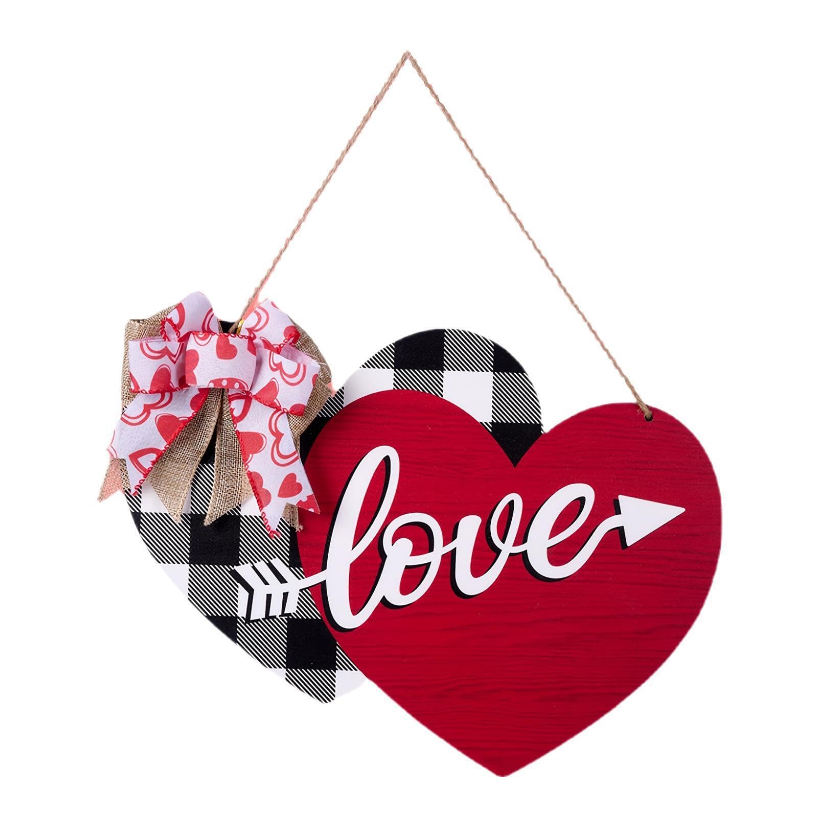 PIXZCSA Valentines Day Decor Heart Shaped Wooden Door Sign Front Door Decoration Rustic Wall Hanging Plaque Girlfriend Wife