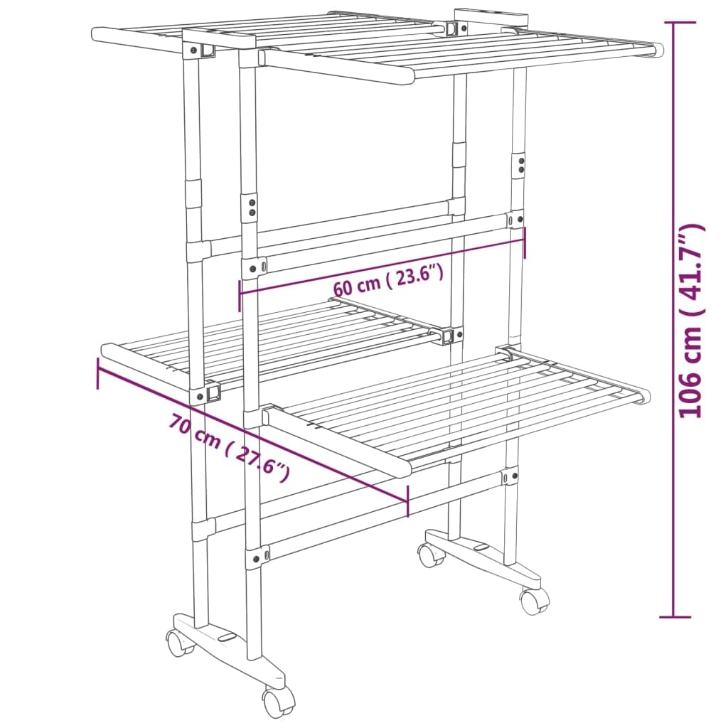 Wäscheständer 2 Etagen mit Rollen silber Aluminium 60x70x106 cm klappbar faltbar platzsparend mit Flügel für Balkon Bad Garten Camping zum Trocknen von Wäsche und Kleidung