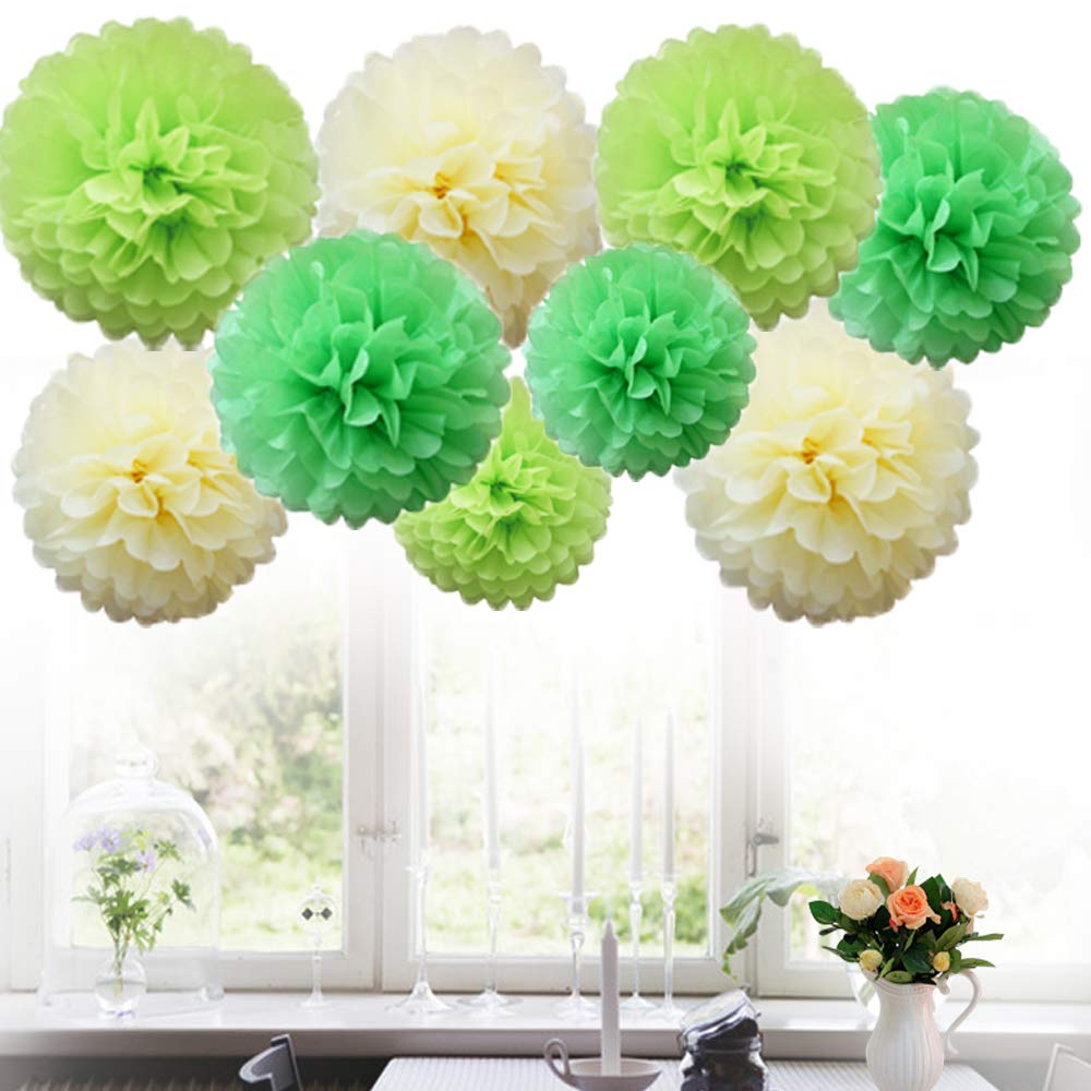 Time to Sparkle 9 Pack Mixed Tissue Paper Pompoms Pom Poms Flower Wedding Party Decoration (9X Poms-Green)