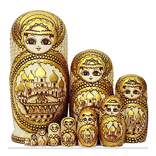 HSAN Russian Nesting Dolls 10pcs Set Wood Doll Traditional Matryoshka Nesting Doll Souvenir Educational Toy Creative Birthday Gift (Color : Gold)
