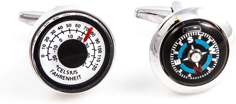 MRCUFF Compass & Thermometer Pair Cufflinks in a Presentation Gift Box & Polishing Cloth