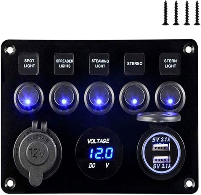 5 Gang Marine Boat Rocker Switch Panel, Waterproof Boat Toggle Switches