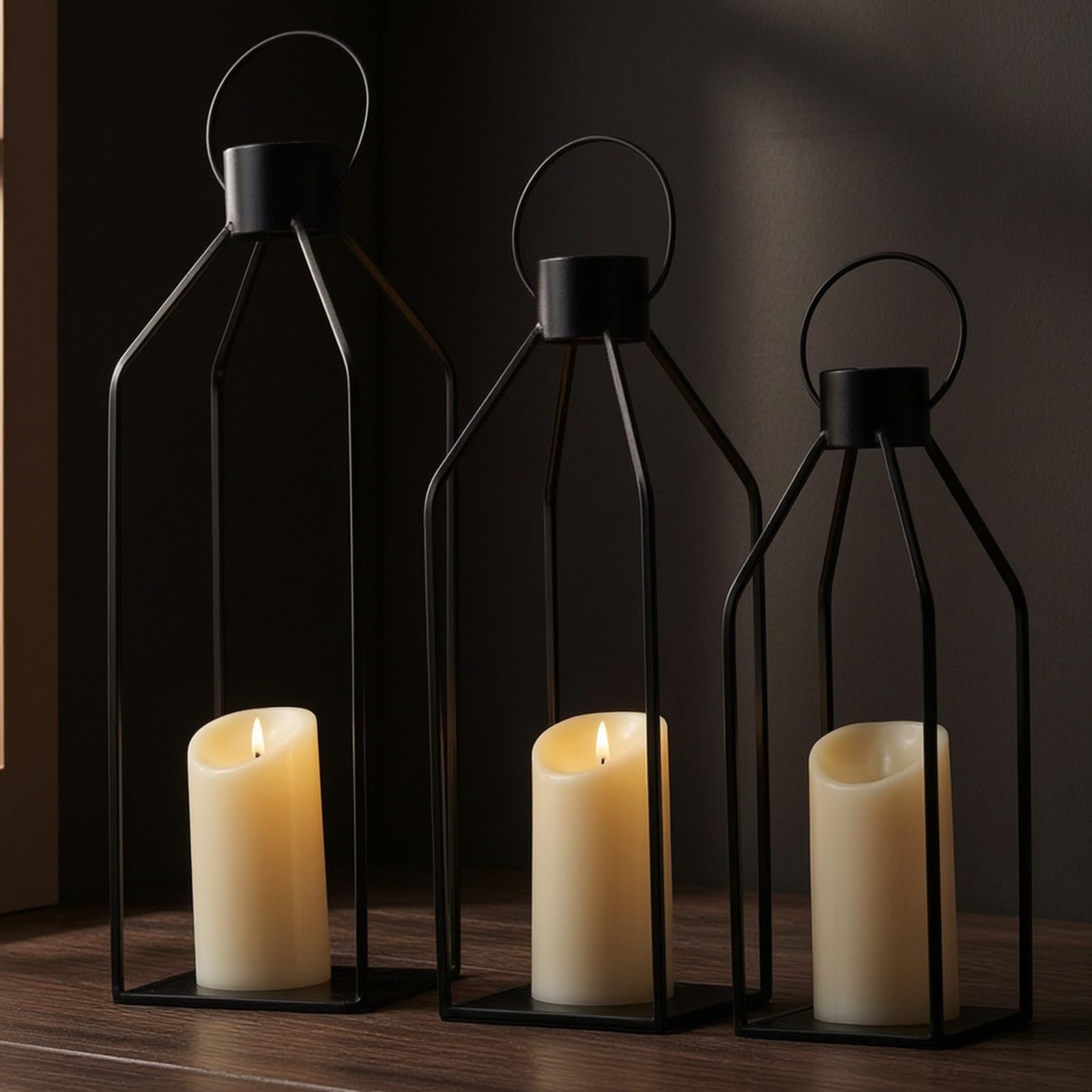 3 Pezzi Portacandele Geometrico | Moderno, Lanterna Geometrica, Elegante, per Patio, Nero