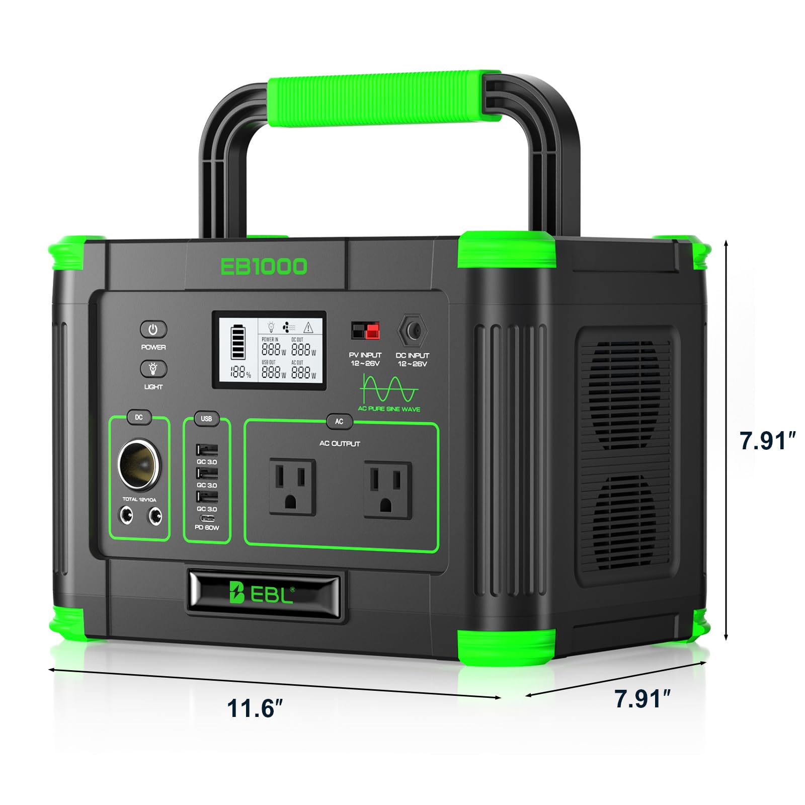 Solar Generator 1000W (Peak 2000W), EBL 999Wh Portable Power Station, 110V Pure Sine Wave AC Outlet with PD 60W USB-C Fast Charging, Outdoor Camping RV Van Home Backup Off-Grid Living
