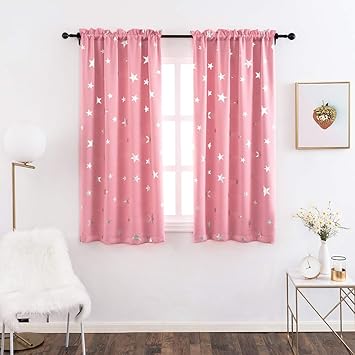 Anjee Kids Curtains for Girls Room with Foil Print Star Pattern, Blackout Window Drapes for Bedroom, 38 x 45 Inches, Pink