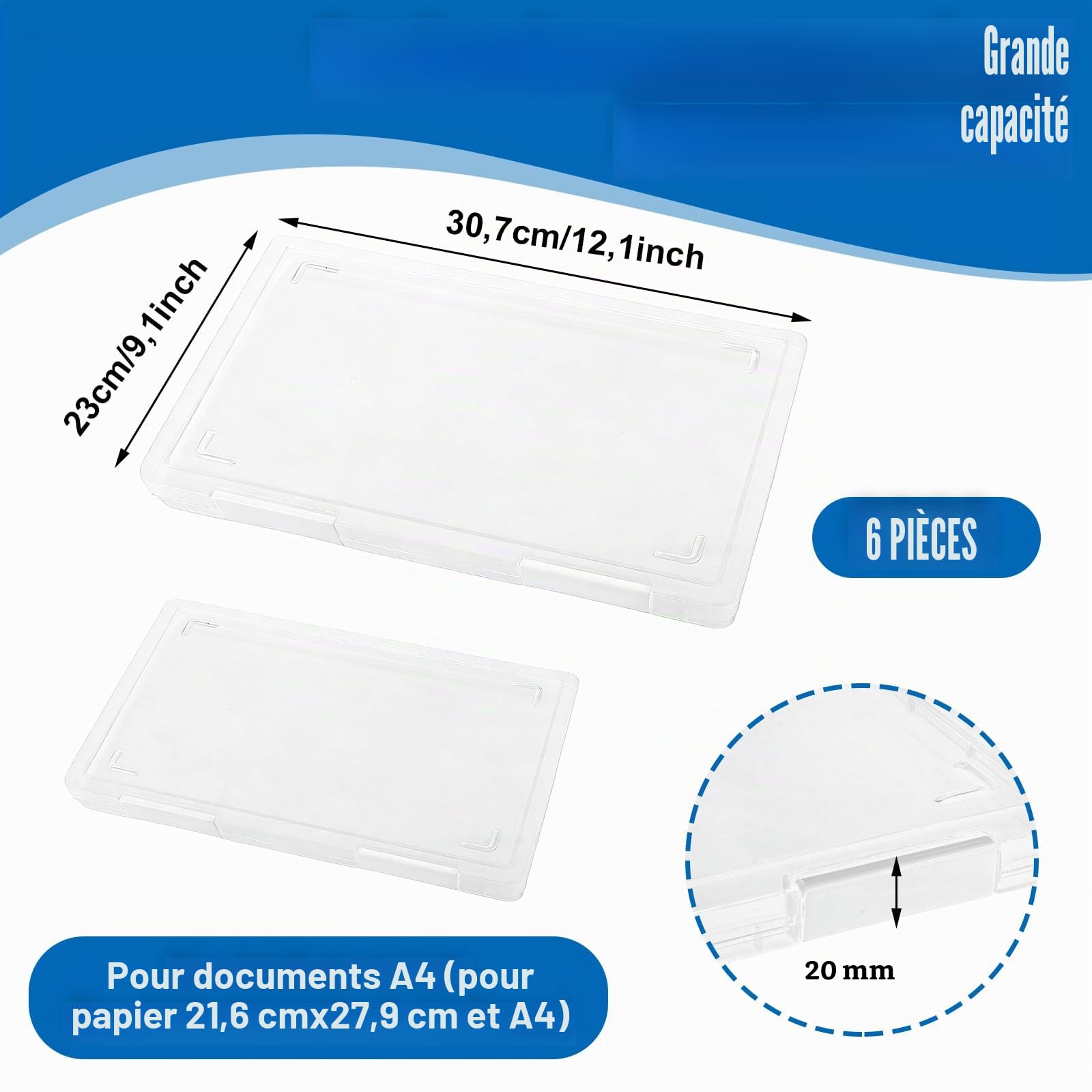 6 Pièces Boite Rangement A4, Boite de Rangement Plastique Transparente avec Fermeture Blanche, Range Documents 307 x 230 x 20 mm pour Bureau, Ecole et Maison