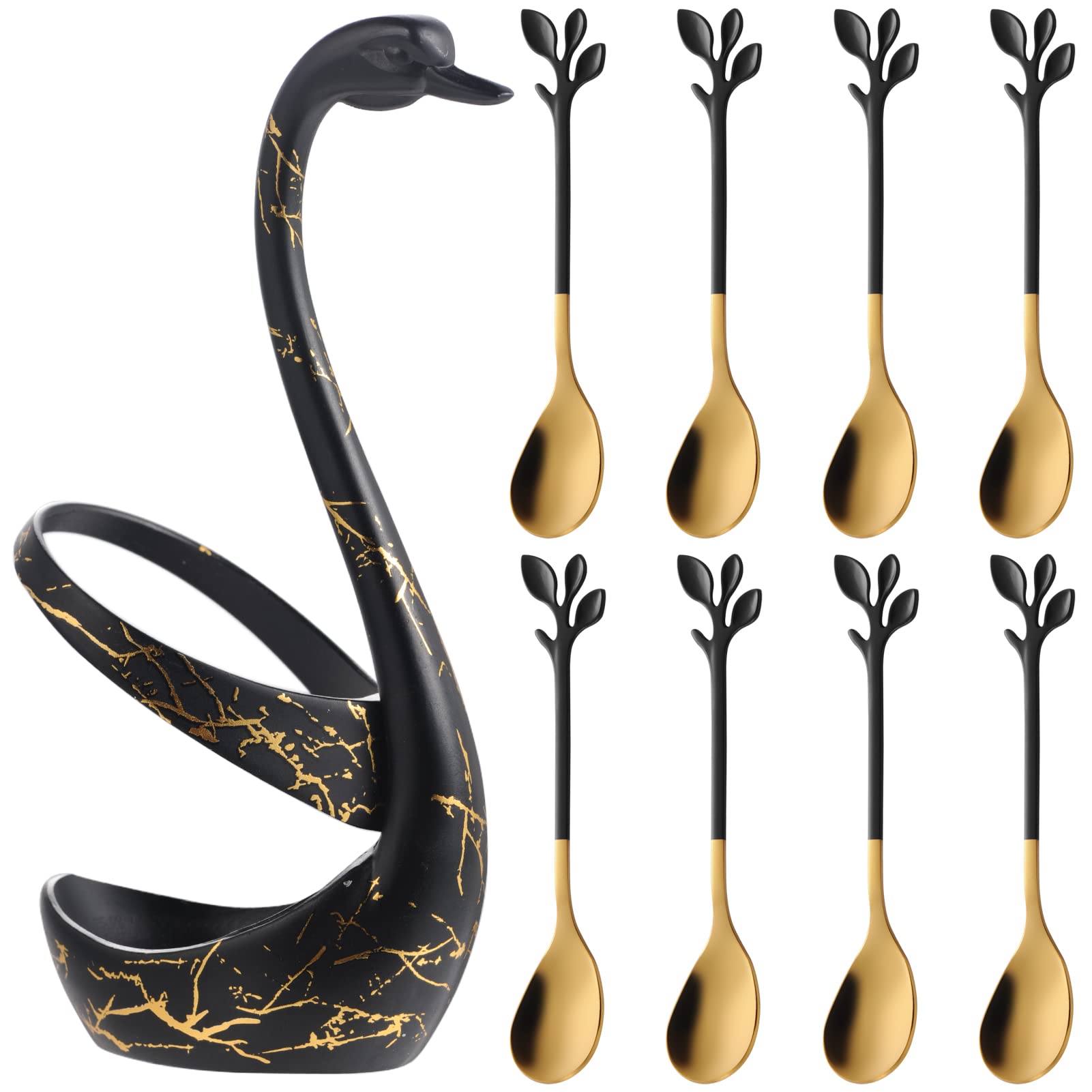 AnSaw Small Dessert Spoon Holder Set,Black Swan Base With 8 Pcs Black & Gold Demitasse Espresso Spoons Set,4.7" Mini Leaf Coffee Spoon,Stainless Steel Tea Spoons
