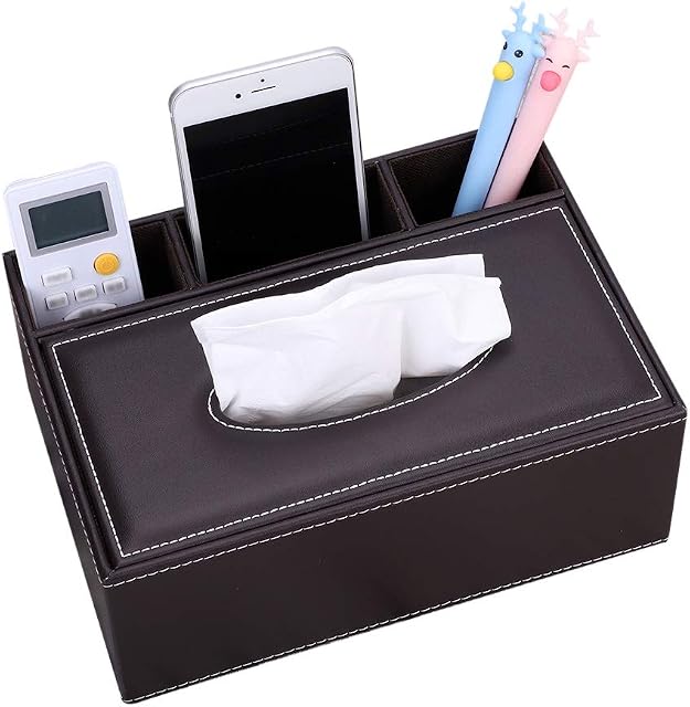 Qchomee PU Leather Tissue Paper Box Cover with Remote Control Holder Tissue Holder Case Napkin Holder for Home Office Car Accessories Organizer
