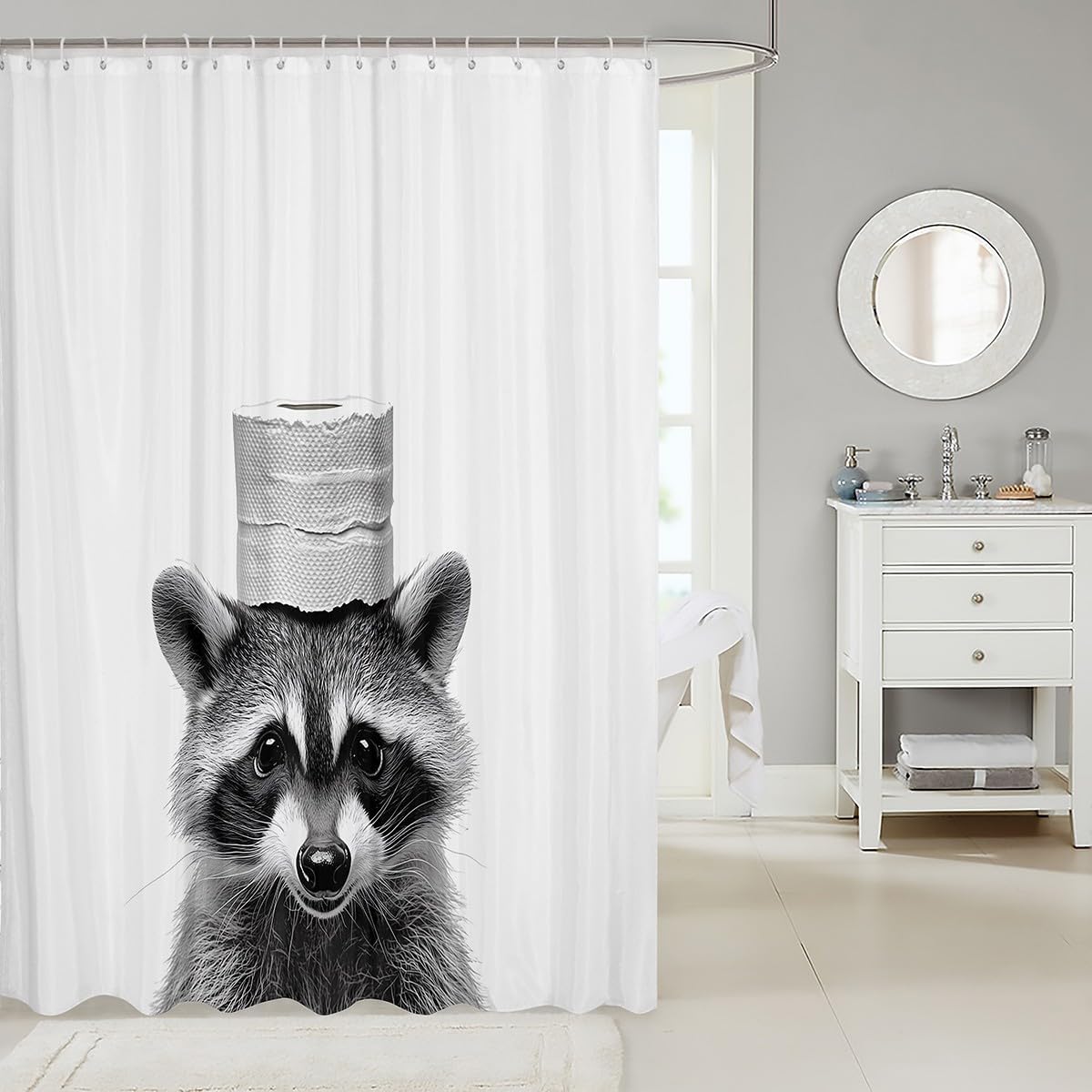 Feelyou Raccoon Bath Curtain 72"x84" Kids Animal Shower Curtain for Bathroom Decor for Boys Girls Teens White Bathroom Accessories