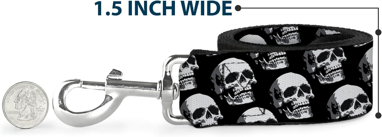 Buckle-Down Pet Leash - 3-D Skulls Repeat Black/Grays/White - 6 Feet Long - 1" Wide