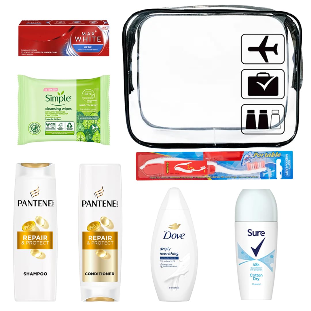 Mini set di articoli da toeletta da viaggio da donna, essenziali per ospedale, materinty, campeggio, vacanze e vacanze, articoli da toeletta da viaggio inferiori a 100 ml, borsa da viaggio trasparente
