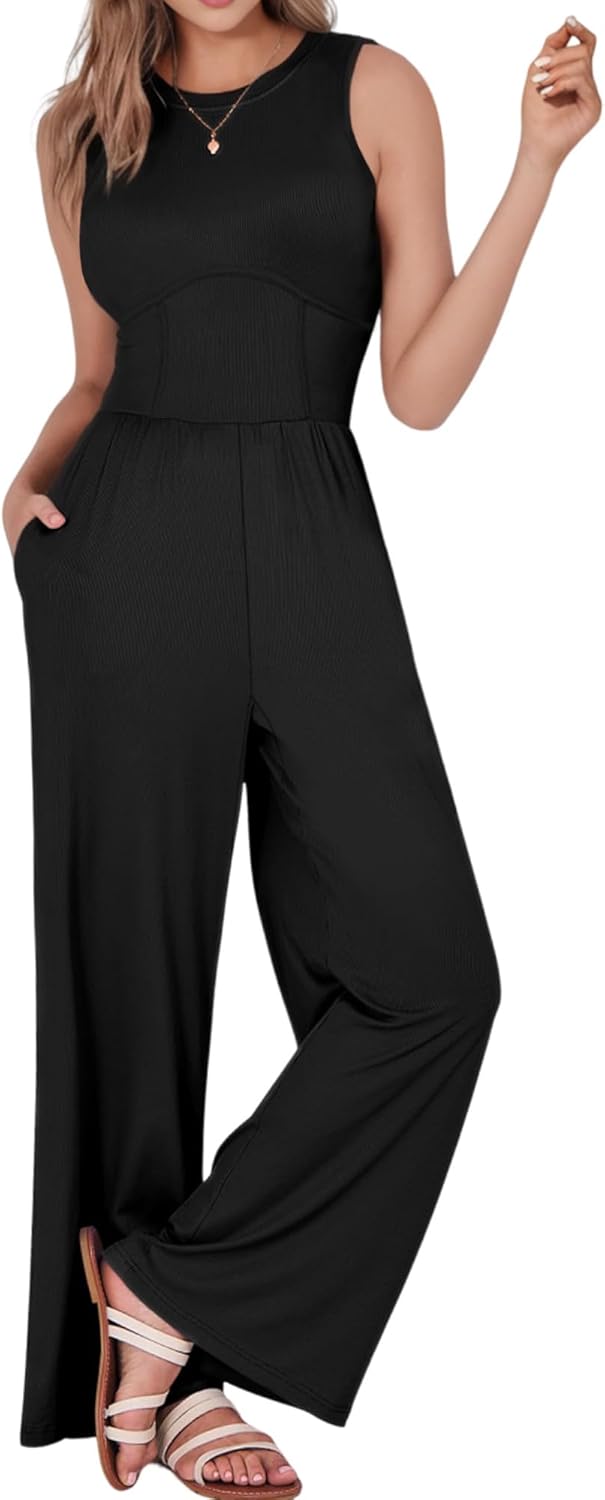AURUZA Jumpsuits for Women, Sleeveless Crew Neck Jumpsuits for Women Casual One Piece Outfit Wide Leg Long Pants Rompers for Women 2024 Jumper Dressy with Pockets, Black, XXL