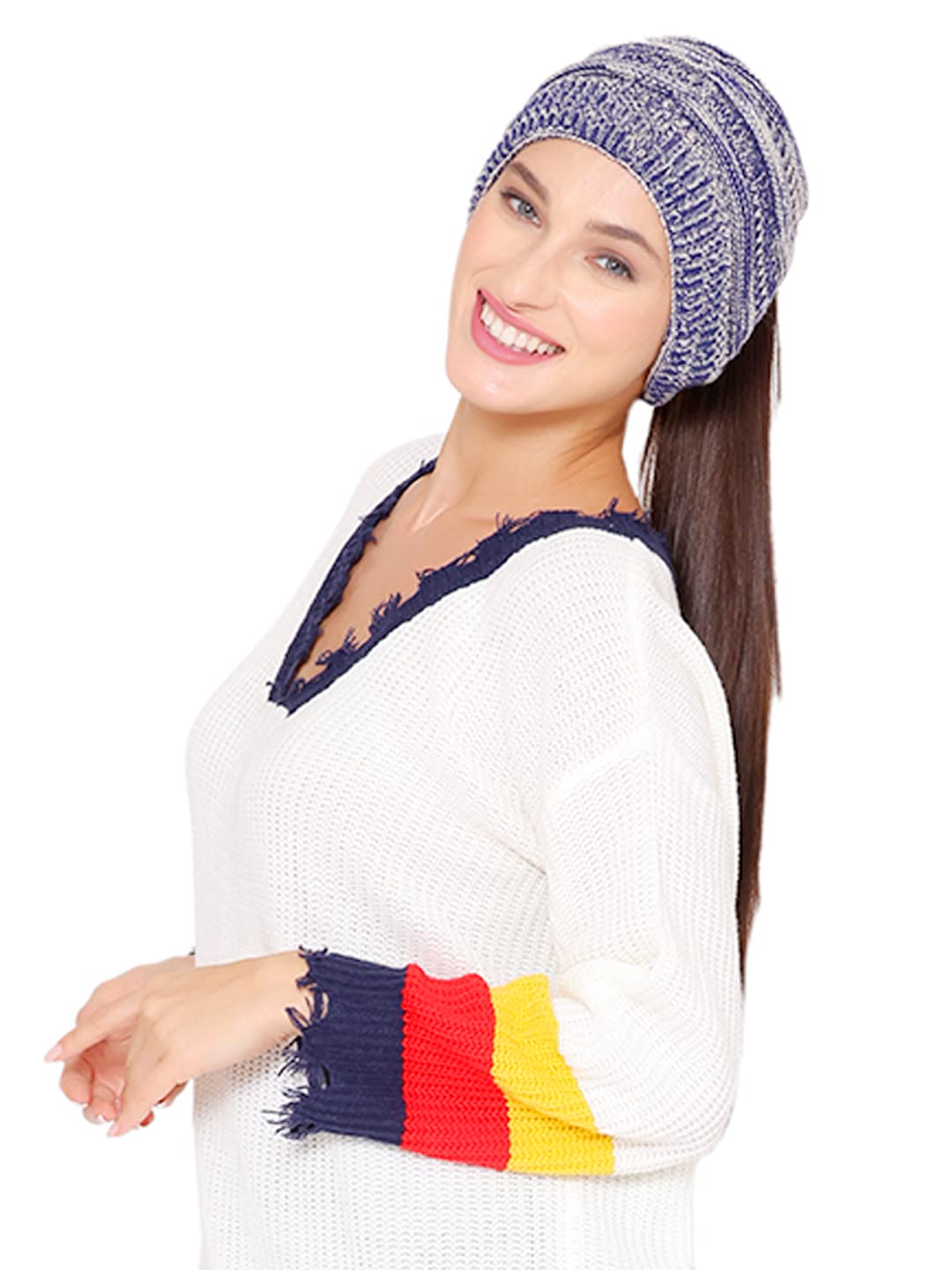 bharatasya Chunky Soft Knit Ponytail Winter Woolen Cap for Women with Hair Hole Blue-picture-24