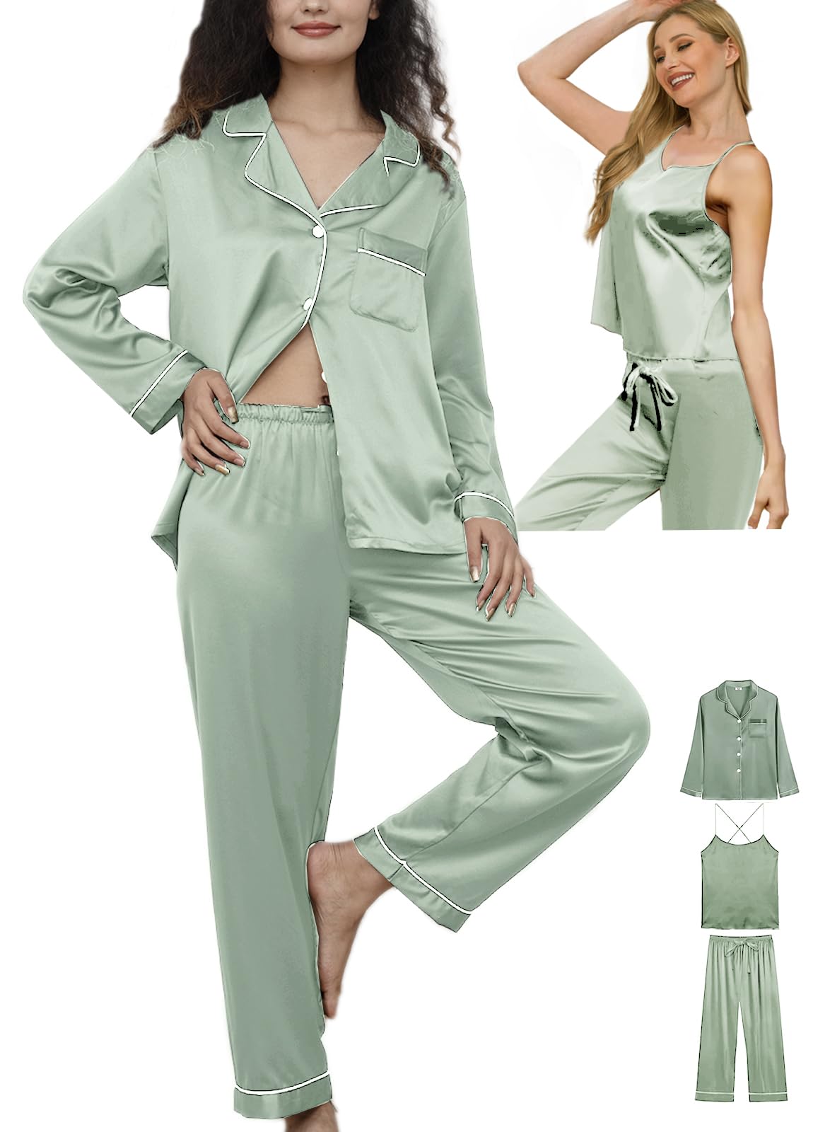 WJing Yi Jia Womens 3Pcs Silk Satin Pajamas Long Set Sexy Cami Top Pajama Sleepwear Silky Pj Sets Loungewear Pjs XS-4XL